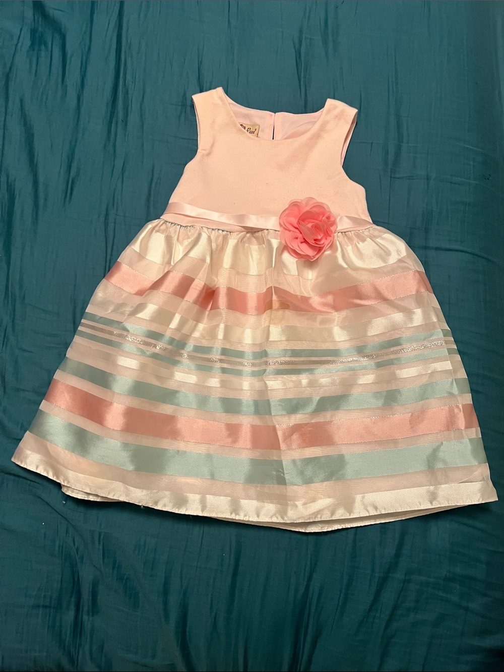 Girls Pink & White Striped Satin Dress with Floral Accent